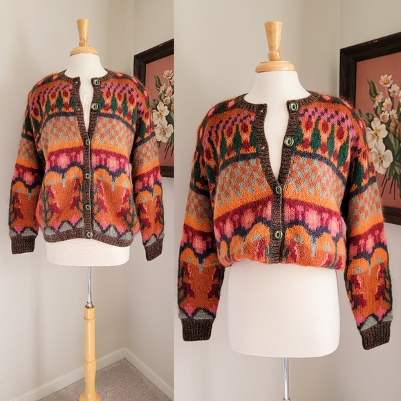 Vintage Sweaters - 90s Mohair Cardigan Chunky Handknit 1990s Vintage Whimsical Eclectic Sweater